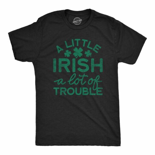 Mens A Little Irish A Lot Of Trouble Tshirt Funny Saint Patrick’s Day Parade Graphic Novelty Tee For Guys