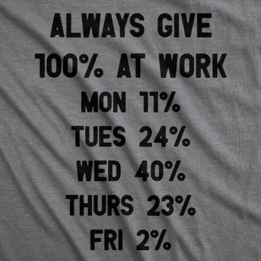 Mens Always Give 100% At Work Tshirt Funny Office Humor Days Of The Week Graphic Tee