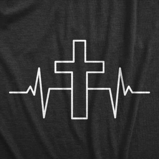 Mens Cross Heart Beat T Shirt Funny Cool Pulse Monitor Religious Tee For Guys