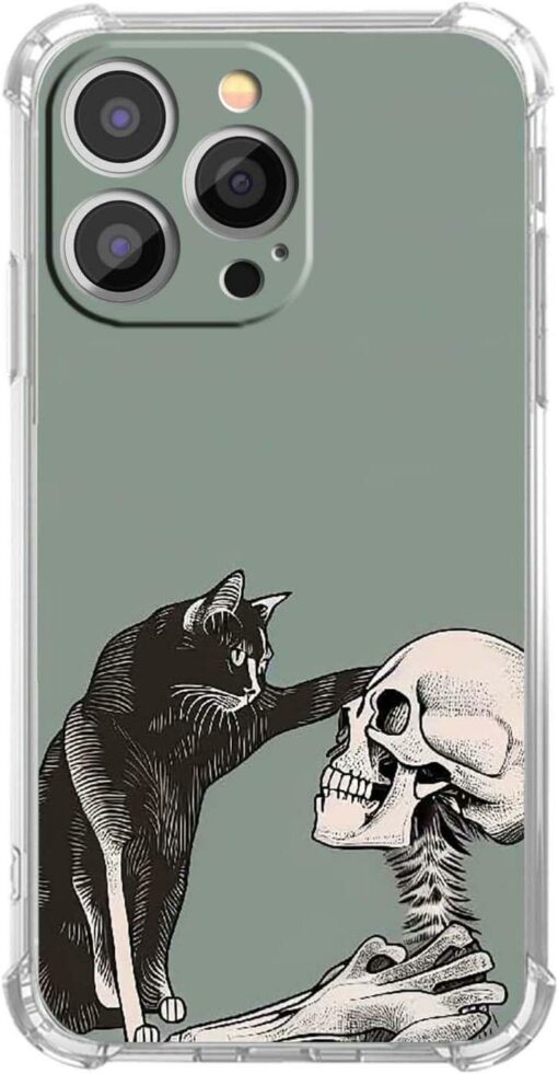 Sage Green Phone Case Cat And Skeleton