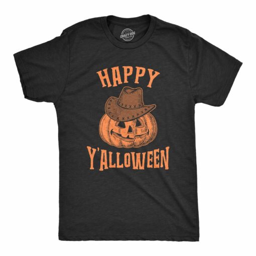 Mens Happy Y’alloween Tshirt Funny Halloween Jack-O-Lantern Cowboy Graphic Novelty Tee
