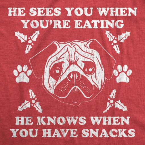 Mens He Sees You When You’re Eating He Knows When You Have Snacks Tshirt Christmas Pug Tee
