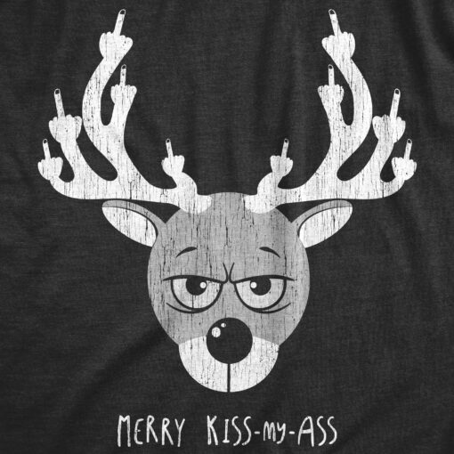 Mens Merry Kiss My Ass T Shirt Funny Offensive Rude Xmas Reindeer Middle Finger Tee For Guys