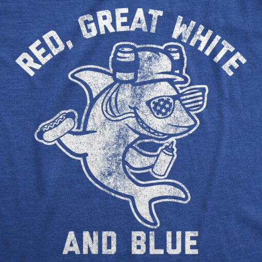 Mens Red Great White And Blue Tshirt Funny 4th Of July Shark USA Patriotic Graphic Tee