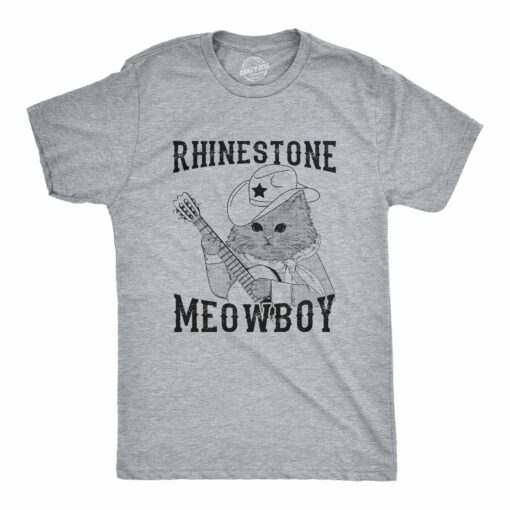 Mens Rhinestone Meowboy T Shirt Funny Cute Kitten Cowboy Novelty Tee For Guys