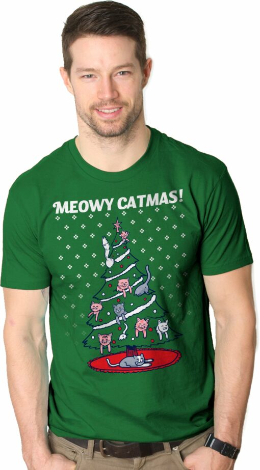 Meowy Christmas Cat Tree Ugly Christmas Sweater Men’s Tshirt