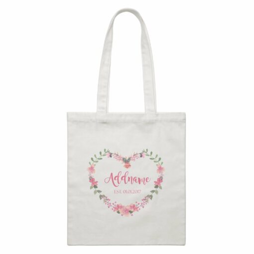 Add Name and Add Date in Pink Heart Shaped Flower Wreath White Canvas Bag