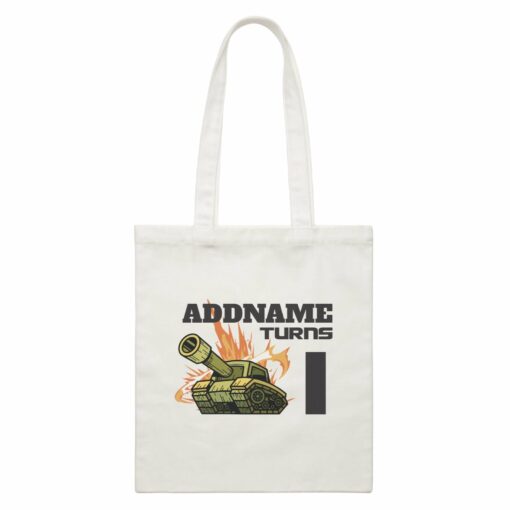 Birthday Battle Theme Tank Addname Turns 1 White Canvas Bag