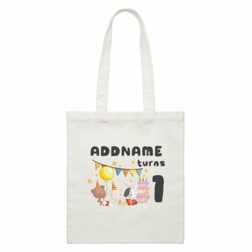 Birthday Friendly Animals Rabbit Bear And Dog Party Addname Turns 1 White Canvas Bag