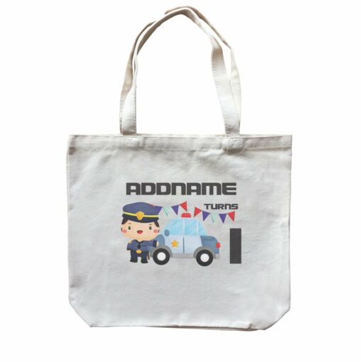 Birthday Police Officer Boy In Suit With Police Car Addname Turns 1 Canvas Bag