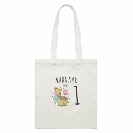 Birthday Sketch Animals Giraffe with Party Horn Addname Turns 1 White Canvas Bag