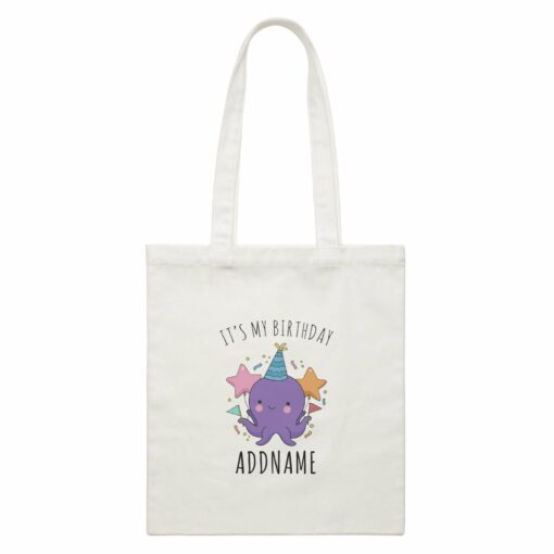 Birthday Sketch Animals Octopus with Flags It’s My Birthday Addname White Canvas Bag