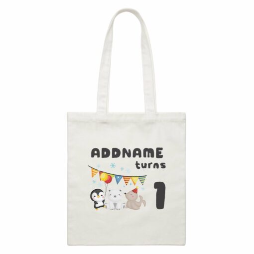 Birthday Winter Animals Penguin Polar Bear And Seal Party Addname Turns 1 White Canvas Bag