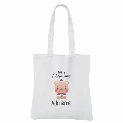 Christmas Cute Animal Series Bear Merry Christmas White Canvas Bag