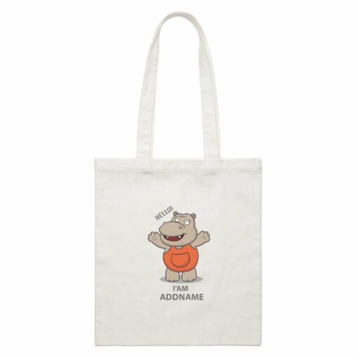 Cool Cute Animals Hippo Hello I’Am Addname White Canvas Bag