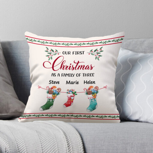 Custom First Christmas As A Family Of 3 Pillow, Christmas Gifts For New Parents, 1st Christmas Family Decoration – Best Personalized Gifts For Everyone