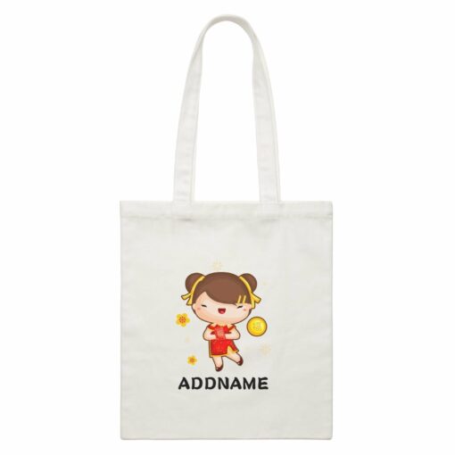 Cute CNY Girl with Red Packet and Happiness Symbol White Canvas Bag