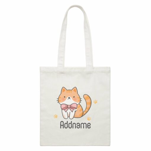 Cute Hand Drawn Style Brown Cat with Ribbon Addname White Canvas Bag