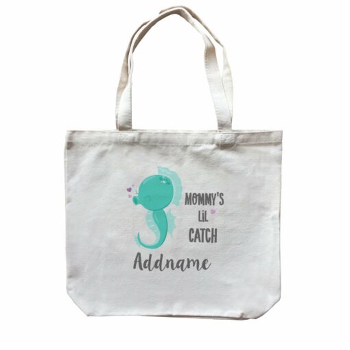 Cute Sea Animals Green Seahorse Mommy’s Lil Catch Addname Canvas Bag