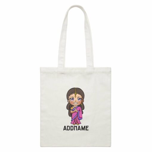 Deepavali Series Chibi Woman Front Addname White Canvas Bag