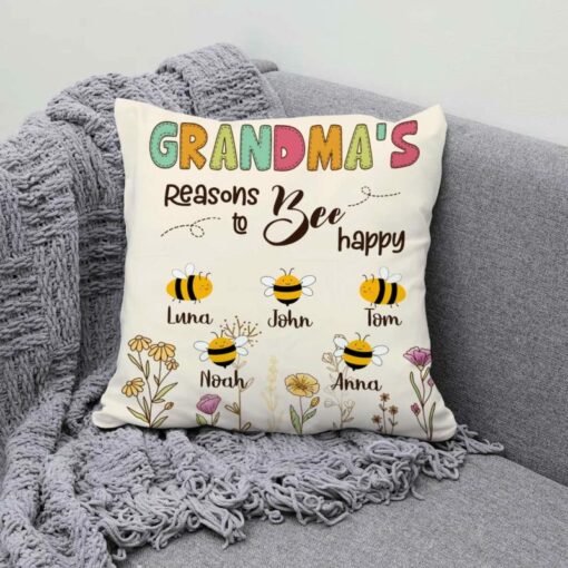 Grandma’s Reasons To Bee Happy Pillow, Mothers Day Gift From Grandkids, Grandma Garden Pillow With Grandchildren’s Name – Best Personalized Gifts For Everyone