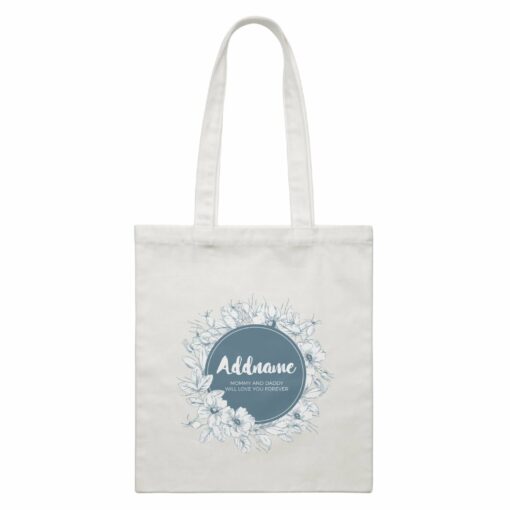 Navy Blue Flower Wreath Personalizable with Name and Text White Canvas Bag