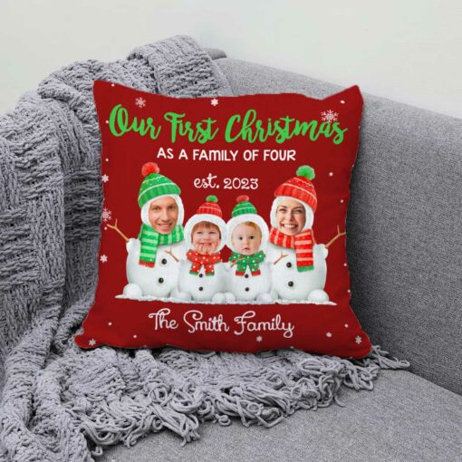 Our First Christmas As A Family Of Four Snowman Face Pillow, Personalized Christmas Gifts For New Twins Parents, Baby’s First Christmas Gifts – Best Personalized Gifts For Everyone