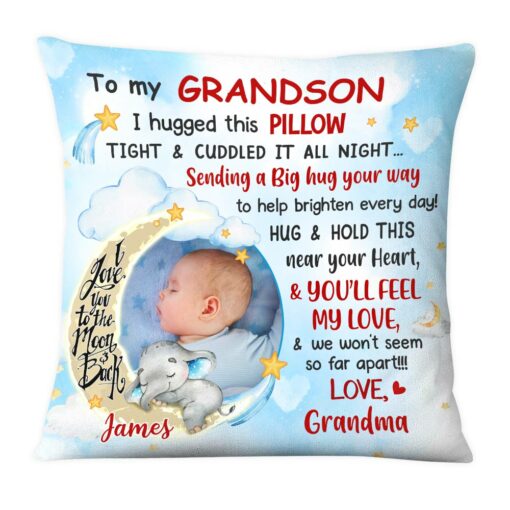 Personalized Blue Grandson Love To The Moon And Back Hug This Custom Photo Pillow