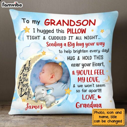 Personalized Blue Grandson Love To The Moon And Back Hug This Custom Photo Pillow