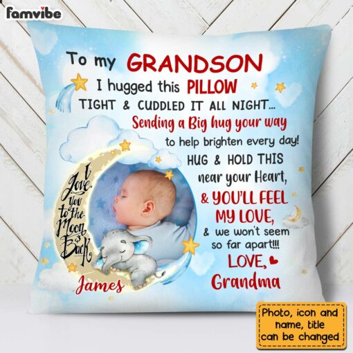 Personalized Blue Grandson Love To The Moon And Back Hug This Custom Photo Pillow