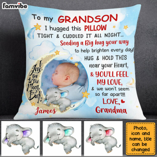 Personalized Blue Grandson Love To The Moon And Back Hug This Custom Photo Pillow