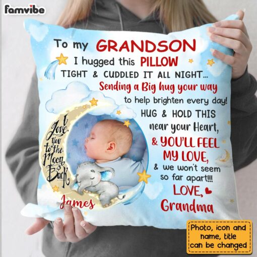 Personalized Blue Grandson Love To The Moon And Back Hug This Custom Photo Pillow