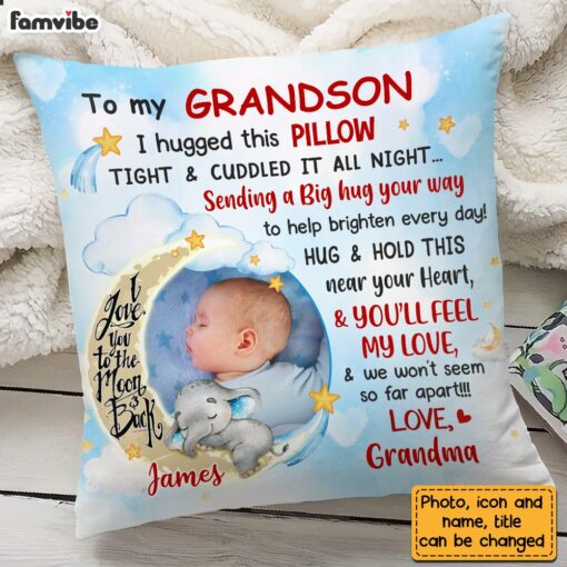 Personalized Blue Grandson Love To The Moon And Back Hug This Custom Photo Pillow