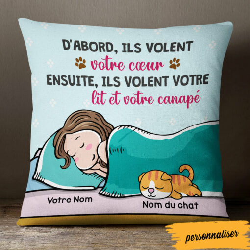 Personalized Cat Mom French Chat Volent Votre Lit Pillow