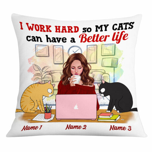 Personalized Cat Mom I Work Hard Pillow