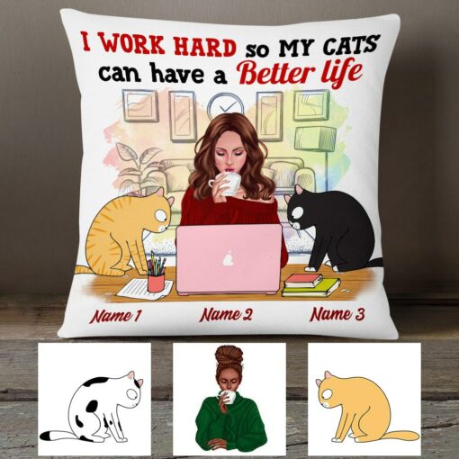 Personalized Cat Mom I Work Hard Pillow