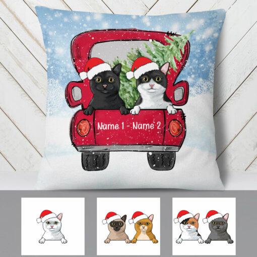 Personalized Cat Red Truck Christmas Pillow