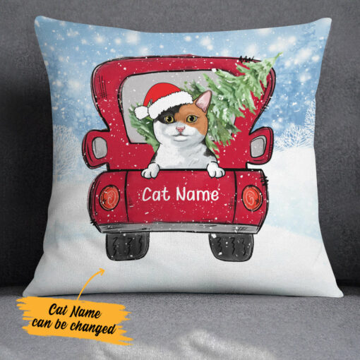 Personalized Cat Red Truck Christmas Pillow