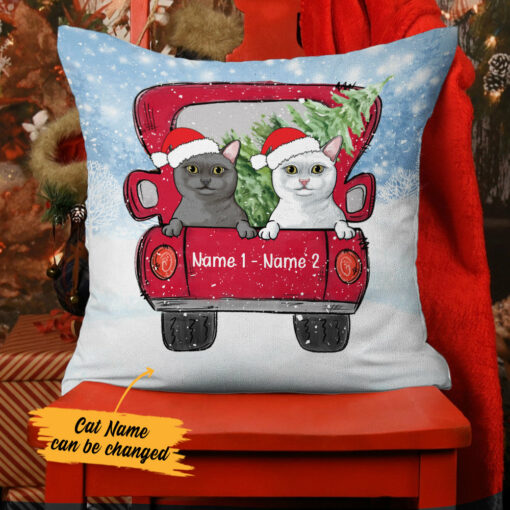 Personalized Cat Red Truck Christmas Pillow