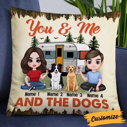 Personalized Couple Camping With Dog Pillow