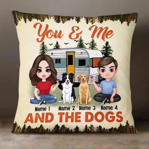 Personalized Couple Camping With Dog Pillow