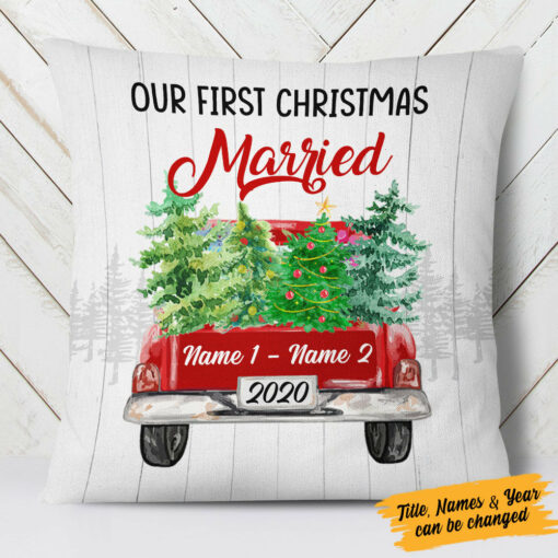 Personalized Couple First Christmas Red Truck Pillow