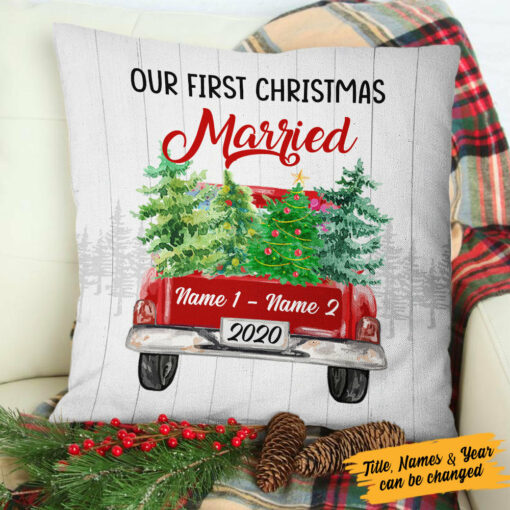 Personalized Couple First Christmas Red Truck Pillow