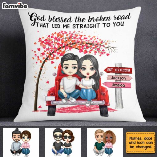 Personalized Couple Red Truck God Blessed The Broken Road Pillow