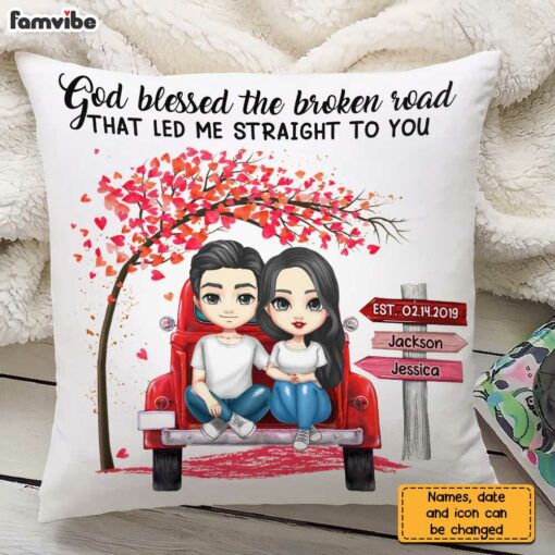 Personalized Couple Red Truck God Blessed The Broken Road Pillow