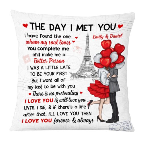 Personalized Couple With Balloons Heart The Day I Met You Pillow