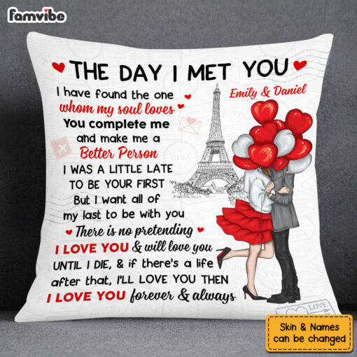 Personalized Couple With Balloons Heart The Day I Met You Pillow