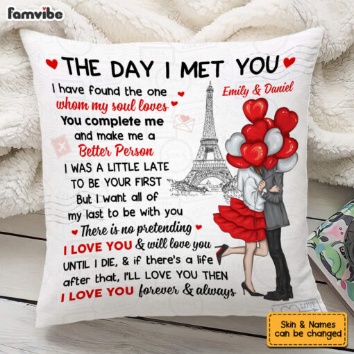 Personalized Couple With Balloons Heart The Day I Met You Pillow