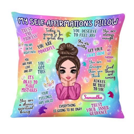 Personalized Daughter Granddaughter Unicorn Rainbow Mental Health Affirmations Pillow