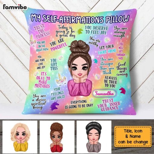 Personalized Daughter Granddaughter Unicorn Rainbow Mental Health Affirmations Pillow